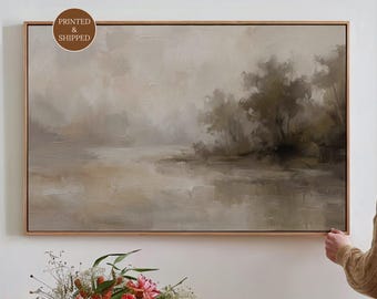 Lienzo con paisaje brumoso sobre el sofá, lámina minimalista de naturaleza enmarcada, arte de pared extragrande para sala de estar vintage.