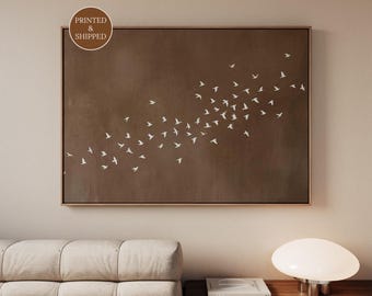 Framed Birds In Flight Brown Wall Art, Extra Large Horizontal Statement Piece, Minimalist Neutral Canvas For Above Bed Bedroom Decor