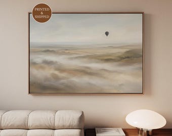 Above Bed Misty Landscape Canvas, Framed Horizontal Scenery Wall Art, Calm Countryside Print for Neutral Bedroom, Ready To Hang