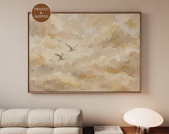 Hummingbird Cloud Wall Art, Above Bed Beige Canvas, Framed Japandi Bird Art for Neutral Bedroom, Statement Wall Decor