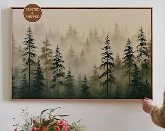 Evergreen Pine Tree Wall Art, Misty Forest Canvas, Large Horizontal Landscape Decor, Scandinavian Green Nature Print, Zen Canvas Art