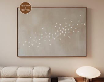 Neutral Birds In Flight Canvas, Horizontal Japandi Bird Wall Art, Framed Wabi Sabi Print, Extra Large Japanese Living Room Decor, Zen Art