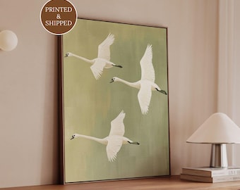 Lienzo con cisnes voladores, estampado de aves verde salvia, decoración de pared minimalista Japandi, arte de pared Wabi Sabi para sala de estar, decoración de mesa consola.