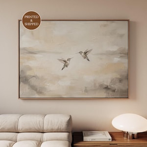 Above Bed Hummingbird Wall Art, Minimalist Japandi Bird Canvas, Extra Large Wabi Sabi Print for Neutral Bedrooms, Zell Wall Decor