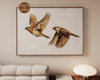 Flying Sparrows Wall Art, Textured Bird Canvas Print, Vintage Style Nature Art, Cottagecore Living Room Decor, Bird Lover Gift