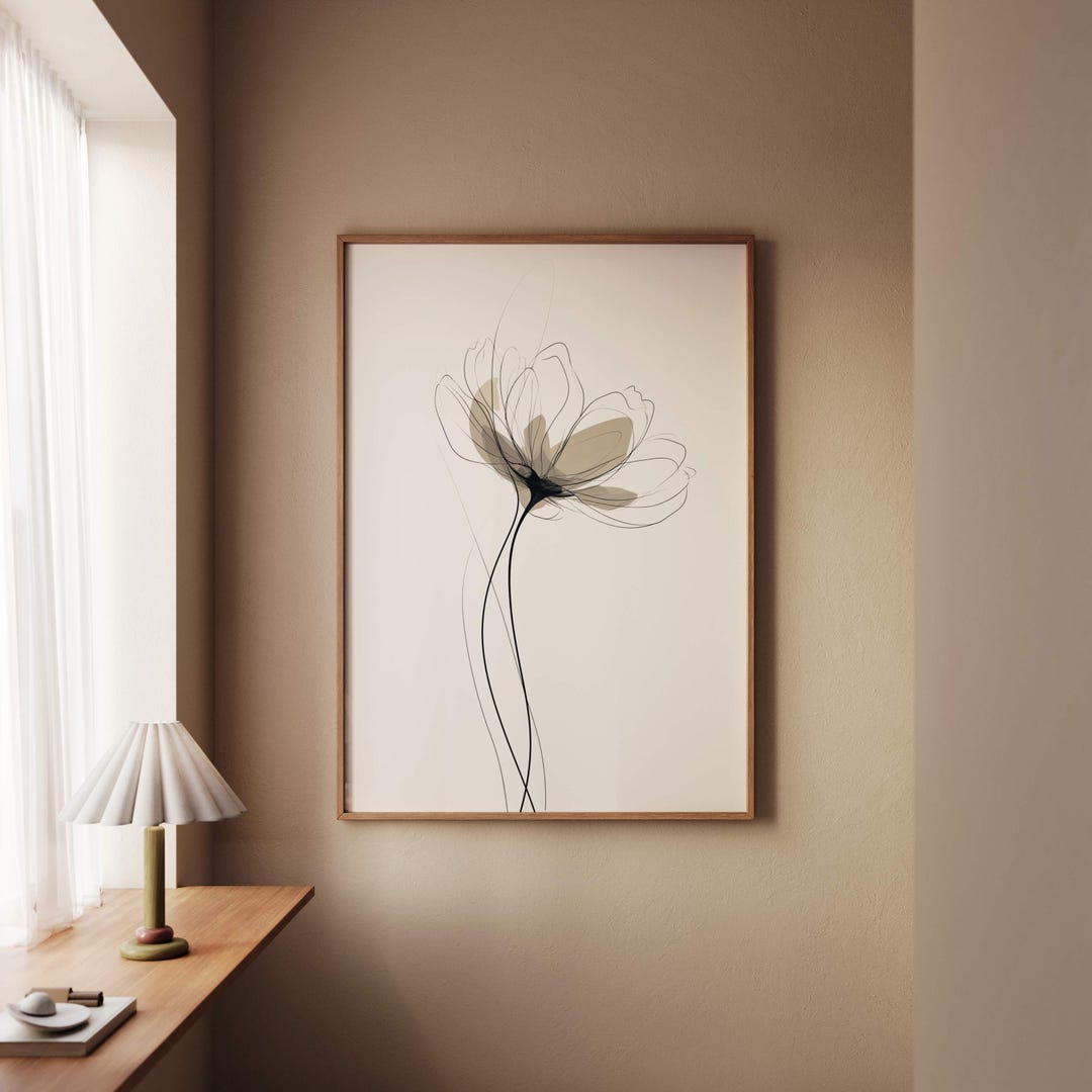 Neutral Line Art Flower Poster, Minimal Botanical Wall Art, Modern ...