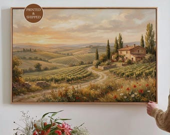 Große toskanische Landschaftswandkunst, Vintage italienische Cottage Leinwand, Bauernhaus-Sonnenuntergang-Druck für Wohnzimmer, über Couch Cottagecore-Dekor