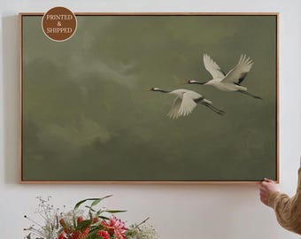Japanese Crane Canvas, Dark Olive Green Wall Art, Flying Cranes Print, Nature Scandinavian Wall Decor, Large Above Couch Art