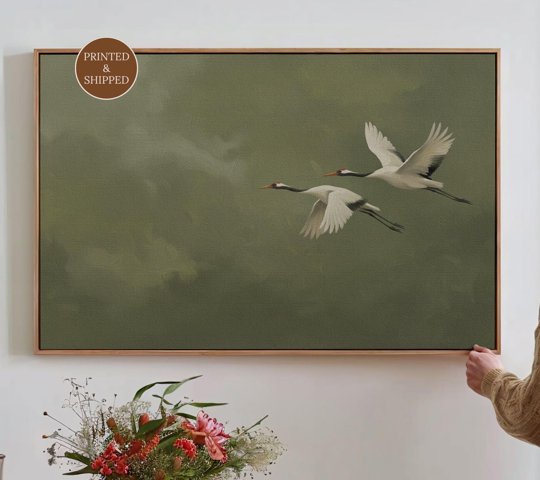 Japanese Crane Canvas, Dark Olive Green Wall Art, Flying Cranes Print, Nature Scandinavian Wall Decor, Large Above Couch Art