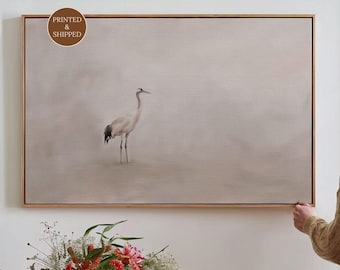Minimalist Japandi Crane Canvas for Over The Bed, Beige Heron Bird Wall Art, Abstract Neutral Print, Zen Wall Decor for Above Bed