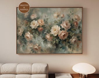 Vintage Flower Wall Art, Framed Above Bed Botanical Canvas, Earthy Green Bedroom Decor for Farmhouse Interior, Moody Floral Art