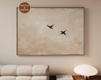 Minimalist Abstract Kingfisher Canvas, Neutral Extra Large Beige Print, Horizontal Japandi Interior Decor for Above Bed, Bedroom Wall Art