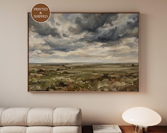 Moody Vintage Landscape Print, Framed Cloud Wall Art, Extra Large Retro Canvas for Farmhouse Living Rooms