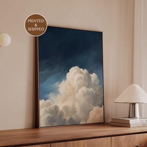 Moody Cloud Canvas, Dark Blue Sky Wall Art, Large Vertical Canvas for Console Table Decor, Minimalist Living Room Artwork, Zen Wall Decor