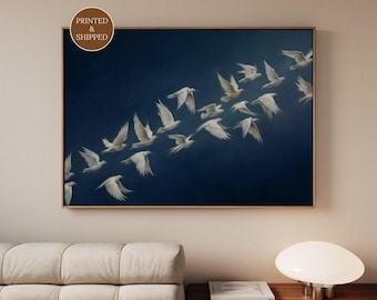 Dark Blue Birds in Flight Wall Art, Framed Canvas, Extra Large Japandi Living Room Decor for Above Couch, Minimalist Night Sky Art