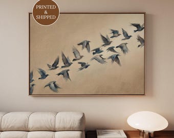 Above Bed Flock of Birds Print, Framed Neutral Beige Wabi Sabi Canvas, Extra Large Wall Art for Japandi Bedroom, Minimalist Abstract Poster