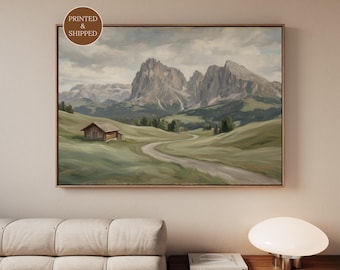 Framed Horizontal Dolomites Canvas, Sage Green Mountain Wall Art, Serene Landscape Print for Above Couch, Farmhouse Living Room Decor