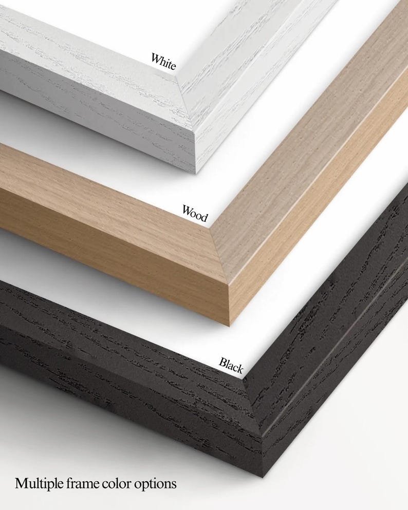 Op de afbeelding: Close-up van drie hoeken van fotolijsten in wit, hout en zwart. Het witte frame is geschilderd met een getextureerde afwerking. Het houten frame heeft een natuurlijke houtnerf. Het zwarte frame heeft een getextureerde afwerking. De tekst onderaan luidt "Meerdere framekleuropties."