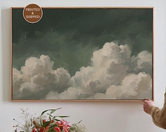 Lienzo con diseño de nubes verde esmeralda, arte mural horizontal para colocar sobre el sofá, lámina minimalista enmarcada con cielo, arte onírico para salas de estar.