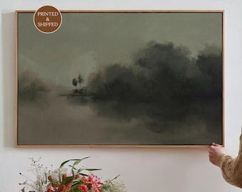 Dark Moody Landscape Canvas, Above Couch Green Forest Print, Minimalist Dark Academia Decor for Over The Sofa, Nature Living Room Decor