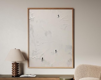 Muurkunst snowboarden: minimalistische winterprint, Japandi-poster, neutraal landschapsolieverfschilderij, Scandinavische woondecoratie
