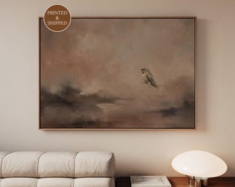 Above Bed Wabi Sabi Print, Framed Hummingbird Canvas, Minimalist Neutral Artwork for Bedrooms, Japandi Over The Bed Bird Art