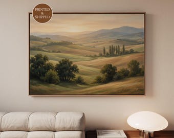 Tuscan Landscape Wall Art, Framed Extra Large Nature Canvas, Sage Green Horizontal Print for Living Room, Modern Neutral Home Decor