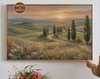 Tuscany Sunset Canvas Print, Italian Countryside Wall Art, Wildflower Landscape Canvas, Cottagecore Decor for Large Living Rooms