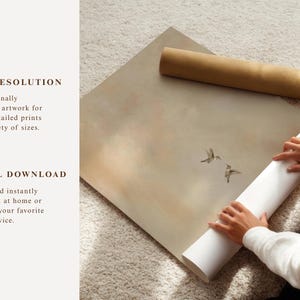 May include: A rolled-up white print and a brown tube are on a beige surface, with a large, framed print featuring two hummingbirds. The text on the left reads "HIGH-RESOLUTION" and "DIGITAL DOWNLOAD".
