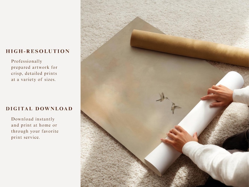 May include: A rolled-up white print and a brown tube are on a beige surface, with a large, framed print featuring two hummingbirds. The text on the left reads "HIGH-RESOLUTION" and "DIGITAL DOWNLOAD".