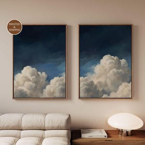 Set of 2 Dark Navy Cloud Canvas, Night Sky Wall Art, Large Above Bed Diptych Decor, Minimalist Dark Blue Bedroom Print, Moody Artwork
