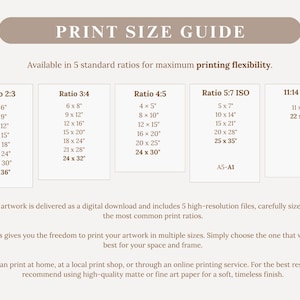 May include: Print size guide with standard ratios for artwork. Includes sizes like 4x6 inches, 6x9 inches, 8x12 inches, 10x15 inches, 12x18 inches, 16x24 inches, 20x30 inches, and 24x36 inches. The guide also provides information on printing flexibility and file types.