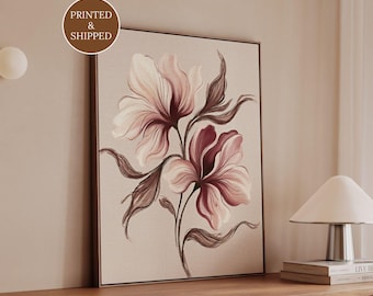 Blush Magnolia Canvas, Dusty Rose Botanical Wall Art, Vintage Floral Print for Above Console Table, Feminine Bedroom Decor, Japandi Zen Art