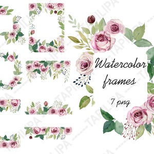 Clipart con cornici ad acquerello: rose rosa, inviti di nozze, eleganti decorazioni floreali.