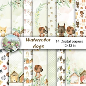 May include: A collection of 14 digital papers, each 12x12 inches, featuring watercolor illustrations of dogs. The designs include various dog breeds, dog houses, paw prints, and floral elements, with a soft, pastel color palette.
