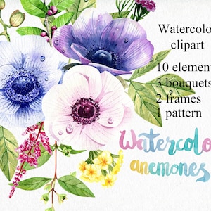 Watercolor Anemones Clipart, Flowers Png, Seamless Pattern.