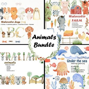 Watercolor animals bundle, farm animals, dogs png, kids alphabet clipart, nursery art, frames.