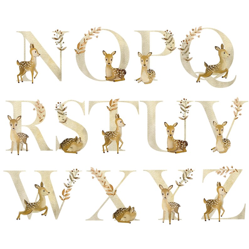 Watercolor Deer Alphabet Clipart, Brown Letters and Numbers, Baby ...