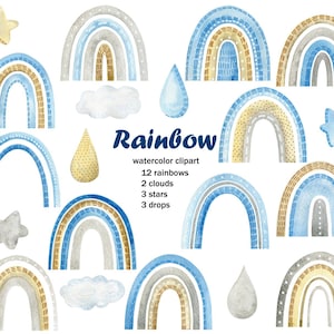 Watercolor Blue Rainbow Clipart, Kids Rainbow Clipart, Boy Nursery Art.
