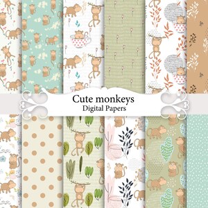 May include: A collection of digital papers featuring cute cartoon monkeys in various poses. The papers have different backgrounds, including polka dots, floral patterns, and leafy designs. The color palette includes shades of brown, green, and blue. Text on the image reads "Cute monkeys Digital Papers."