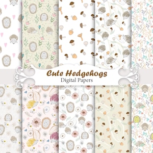 Ouriços fofos, papéis de animais da floresta, animais da floresta, padrões sem costura para bebês, papéis de scrapbook para crianças, cogumelos.