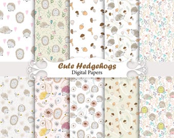Cute hedgehogs, forest animals papers, woodland animals, baby seamless patterns, kids scrapbook papers, mushrooms.