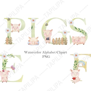 Aquarel dierlijke alfabetletters en cijfers clipart - varkens, babyuitnodigingen, monogram initialen, transparante achtergrond, decor van de kinderkamer.
