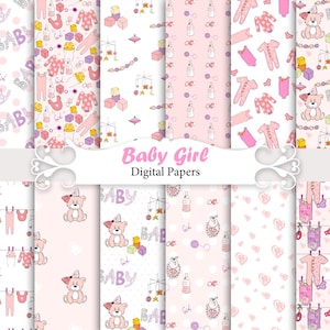 Papéis fofos para meninas, moldes sem costura para bebês, pacote de papéis para scrapbook.