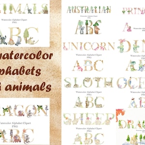 Alfabeto de animales de acuarela, paquete de letras y números, dragones, perezosos, ovejas, sirenas, unicornios, arte infantil.