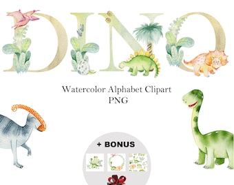 May include: Watercolor clipart of the word "DINO" with a green, yellow, and brown dinosaur in each letter. The image also includes a green dinosaur with a yellow belly and a pink dinosaur with a yellow belly. The text "Watercolor Alphabet Clipart PNG" is below the word "DINO". The text "+ BONUS" is below the text "Watercolor Alphabet Clipart PNG". There are three bonus images below the text "+ BONUS". The bonus images are a green dinosaur with a yellow belly, a wreath with green leaves and a pink flower, and a green dinosaur with a yellow belly.