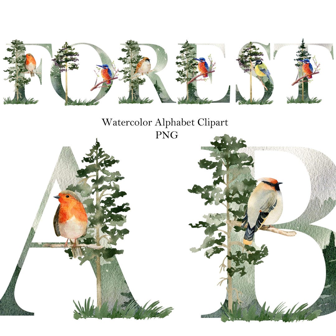 Transparent Forrest Lettering Watercolor Forest Bird Alphabet Clipart, Letters & Numbers, Png Digital ...