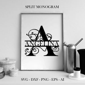 Letras de monograma divididas, clipart de iniciales del alfabeto, archivos PNG, DXF, SVG, EPS, AI, descarga digital.