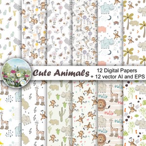 Vektor süße Tiere Papier, digitale Baby nahtlose Muster, Kinder Scrapbook Papier Pack, Giraffe, Elefant, Affe, Elefant, eps.