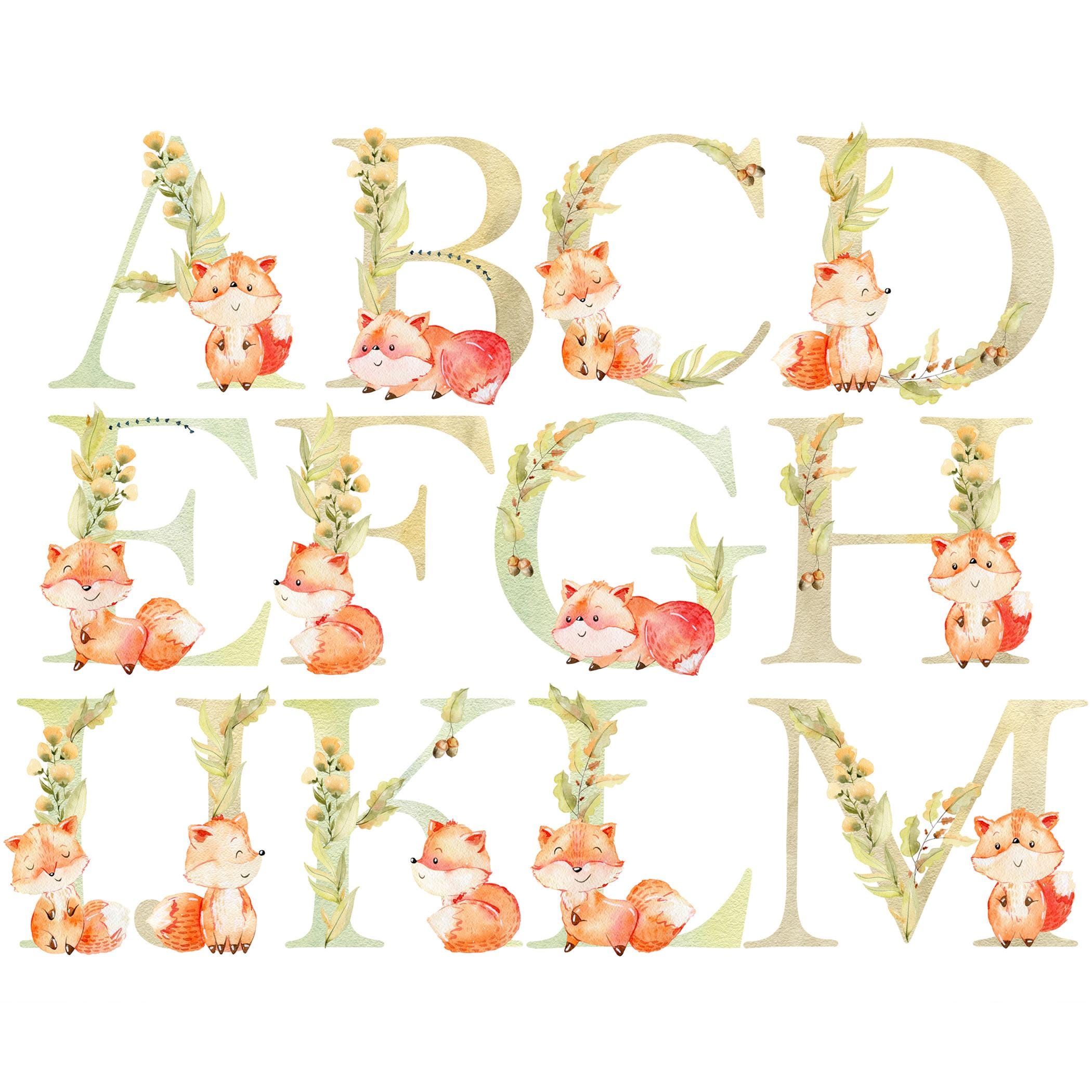 Watercolor Fox Alphabet Clipart: Woodland Animals PNG (digital Download ...
